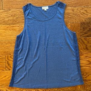 Blue Linen Blend Tank with Crochet Details
